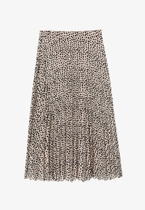 Beige pleated skirt with an elastic waistband, featuring a black irregular polka dot pattern throughout the fabric.