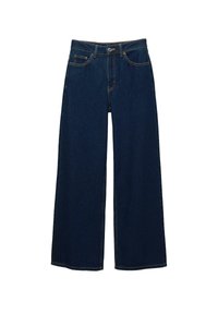 Široké tmavě modré džíny vyrobené z denimu, s vysokým pasem, kontrastním prošíváním, předními kapsami a zapínáním na knoflík a zip.