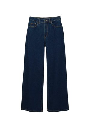 Jeans blu scuro a gamba larga in denim, con vita alta, cuciture a contrasto, tasche frontali e chiusura con bottone e zip.
