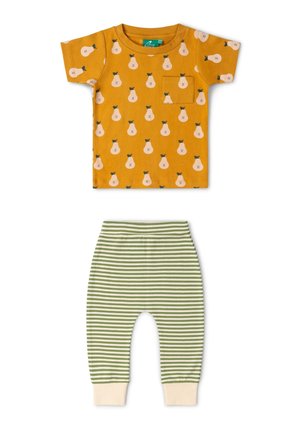 Yellow short-sleeve toddler shirt with pear prints and pocket, paired with green and white striped pants with cream cuffs.