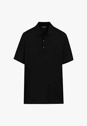 Black polo shirt made of soft fabric with a collar, short sleeves, three-button placket, and no visible patterns or accents.