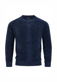 Granatowy sweter o fakturowanym splocie, z okrągłym dekoltem i długimi rękawami, wyposażony w ściągacze przy rękawach i u dołu.