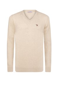 Beige V-kaelusega sviiter, mis on valmistatud pehmest materjalist, pikad varrukad ja vasaku rinna peal väike pruuni linnu logo. Ribitud varrukaotsad ja alumine serv.
