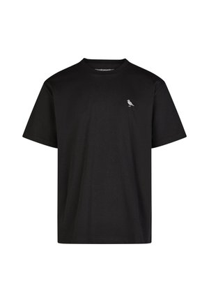 Black cotton t-shirt with a crew neckline, short sleeves, and a small grey bird graphic on the left chest area.