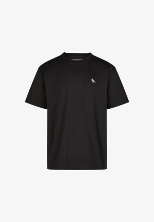 Black cotton t-shirt with a crew neckline, short sleeves, and a small grey bird graphic on the left chest area.