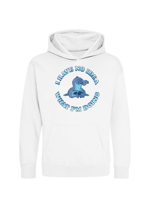 Sweat à capuche blanc avec un paresseux bleu en dessin animé faisant le poirier et texte disant "I have no idea what I'm doing" en lettres bleues.