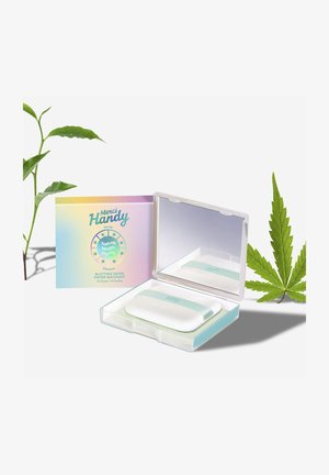 Blotpapier set in een transparante hoes met een spiegel. Product kenmerken twee gestructureerde pads met een lichtgroene streep en pastelkleurige verpakking.