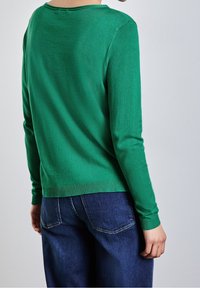 Pull en maille vert à encolure ronde, manches longues et ourlet côtelé, associé à un pantalon en denim bleu foncé. Texture lisse.