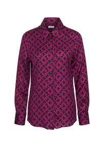 Camicia a maniche lunghe di colore rosa scuro con un motivo geometrico nero. Caratterizzata da un colletto a punta e bottoni sul davanti, realizzata in tessuto liscio.