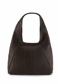 Borsa a tracolla in pelle intrecciata marrone scuro con tracolla larga e corpo strutturato a forma di trapezio su sfondo bianco.