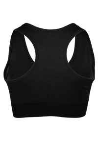 Černá sportovní podprsenka s designem na závodění, vyrobená z měkké, elastické tkaniny s širokým podprsenkovým páskem pro podporu a hladkými okraji.