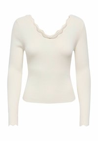 Żebrowana bluzka z długim rękawem w kolorze kości słoniowej, z falbaniastym dekoltem w serek i falbaniastymi mankietami, uszyta z teksturowanej dzianiny.