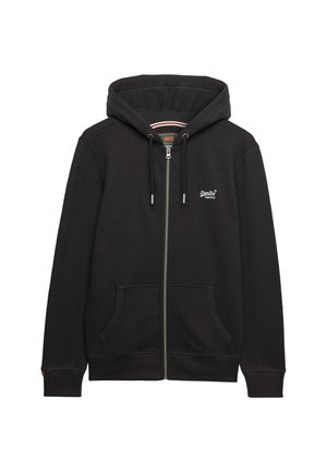 Schwarzer Kapuzenpullover mit durchgehendem Reißverschluss, Fronttaschen und Kordelzug an der Kapuze, mit kleinem weißen Logo auf der linken Brust.