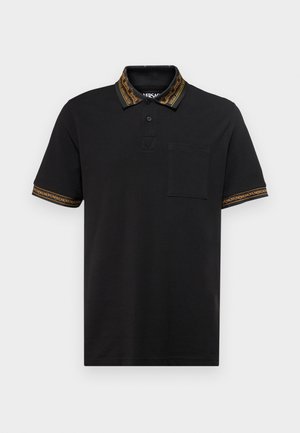 Black polo shirt with a detailed collar in gold and black patterns, featuring a button closure and a small chest pocket. Made of soft fabric.