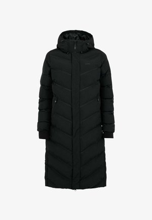 Black puffer coat with a long design, chevron stitching, zippered pockets, and a hood. Features elastic cuffs and a sleek finish.