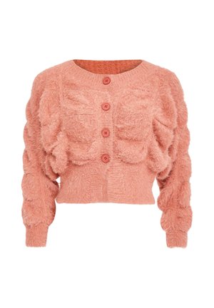 Měkký růžový huňatý krátký cardigan s dlouhými nafouknutými rukávy a čtyřmi odpovídajícími knoflíky vpředu.