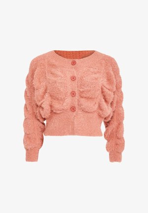 Soft pink fuzzy crop cardigan with long puffed sleeves and four matching buttons down the front.