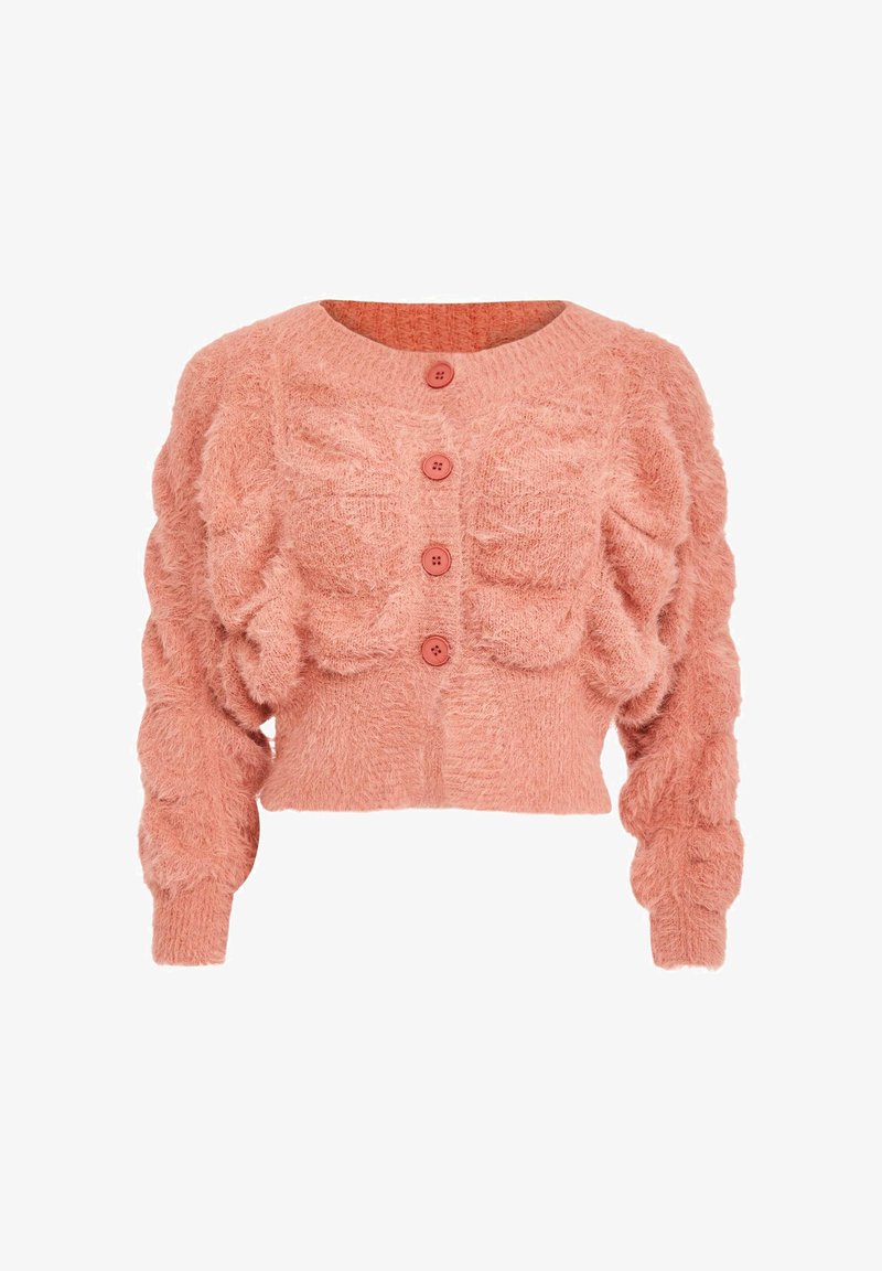 Mjukt rosa fluffigt cropped cardigan med långa puffärmar och fyra matchande knappar fram.