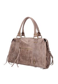 Borsa color beige chiaro in similpelle testurizzata, con due manici superiori, accessori dorati e tasca frontale con zip decorata da nappine.
