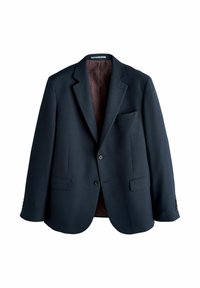 Marineblauer Blazer aus strukturiertem Stoff, mit einem Zwei-Knopf-Verschluss vorne, fallendem Revers und einer einzelnen Brusttasche. Mit bordeauxrotem Innenfutter versehen.