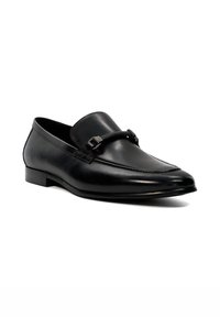 Black leather loafers featuring a rounded toe, decorative braided accent, and subtle stitching along the edge. Smooth finish and low heel.