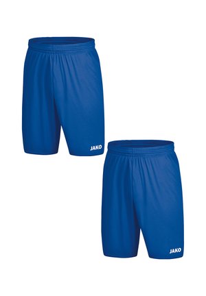 Blaue Sportshorts aus leichtem Material. Sie verfügen über einen elastischen Bund und ein weißes Logo, das auf der unteren linken Seite aufgedruckt ist.