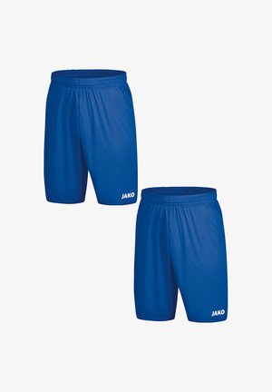 Blue athletic shorts made from lightweight fabric. Features an elastic waistband and a logo printed in white on the lower left side.