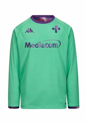 Maglia da calcio Fiorentina verde a maniche lunghe con colletto viola, loghi e sponsorizzazione Mediacom sul davanti.