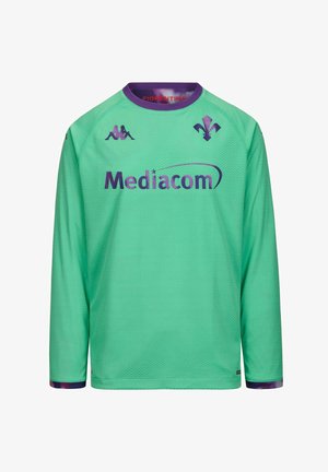 Maillot de football Fiorentina vert à manches longues avec col violet, logos et sponsor Mediacom sur l'avant.