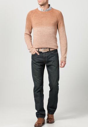 Mann trägt einen braunen Ombre-Strickpullover, hellblaues Hemd mit Kragen, dunkle Jeans, braunen Gürtel und braune Lederstiefel, steht mit der Hand in der Tasche.