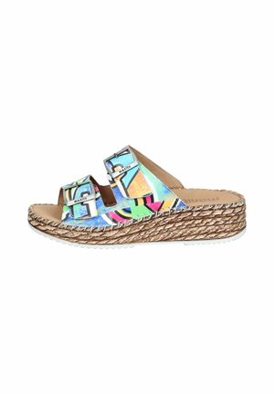 Wedge sandal with braided straw sole, two multicolored straps featuring adjustable metal buckles, and tan cushioned footbed.
