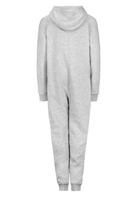 Grey hooded jumpsuit with long sleeves, ribbed cuffs, and tapered legs. Made from soft cotton blend fabric. No front detailing visible.