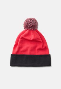 Rode gebreide beanie met een zwarte omslag, voorzien van een gekleurde pompon, met een gladde structuur en een klassieke vorm.