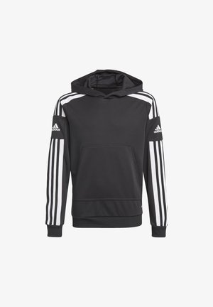 Black hoodie with a front pocket, featuring three white stripes along each sleeve and a small black Adidas logo on the chest.