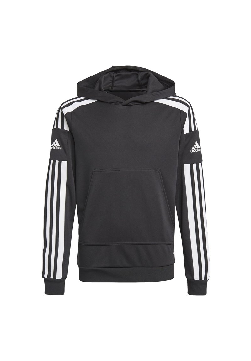 Sudadera negra con un bolsillo frontal, que presenta tres rayas blancas a lo largo de cada manga y un pequeño logo negro de Adidas en el pecho.