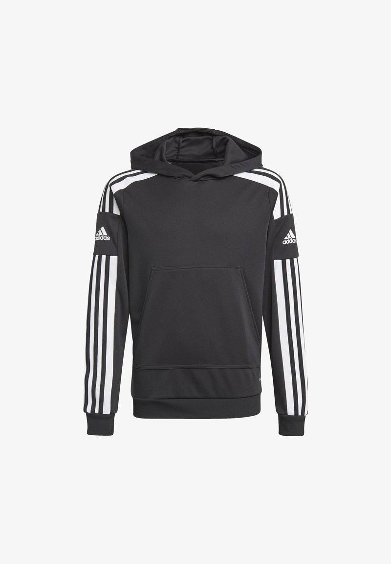 Sort hættetrøje med en frontlomme, prydet med tre hvide striber langs hver ærme og et lille sort Adidas-logo på brystet.