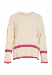 Pull à manches longues de couleur crème avec un col rond, présentant des rayures horizontales roses près de l'ourlet et des manches.