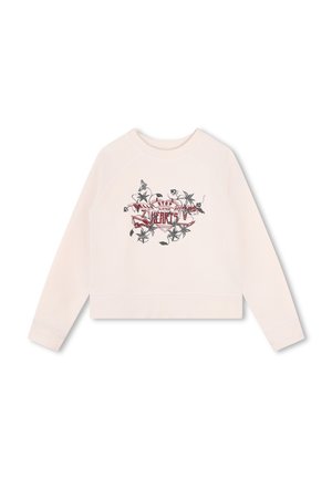 Sweat-shirt court rose clair avec des manches raglan, présentant un imprimé graphique floral noir et rouge sur le devant. Matière en coton doux.