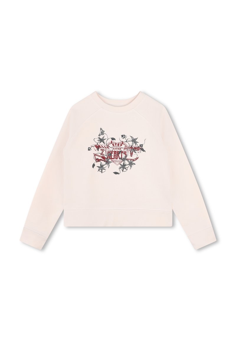 Lichtroze cropped sweatshirt met raglanmouwen, met een bloemen grafisch print in zwart en rood aan de voorkant. Zacht katoenmateriaal.