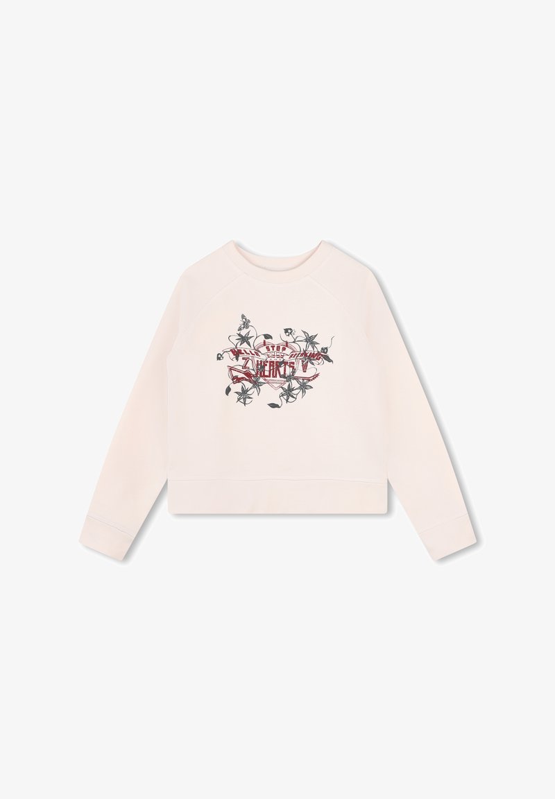Lichtroze cropped sweatshirt met raglanmouwen, met een bloemen grafisch print in zwart en rood aan de voorkant. Zacht katoenmateriaal.