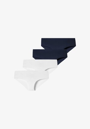 Vier nahtlose Hipster-Unterhosen in Marineblau und Weiß, versetzt in einer Reihe auf weißem Hintergrund angeordnet.