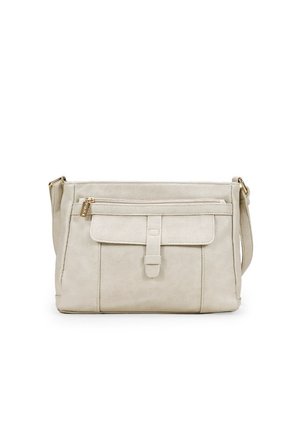 Bolso bandolera de imitación de cuero beige con un bolsillo frontal, cierre de cremallera y herrajes en tono dorado. Textura suave con un diseño minimalista.