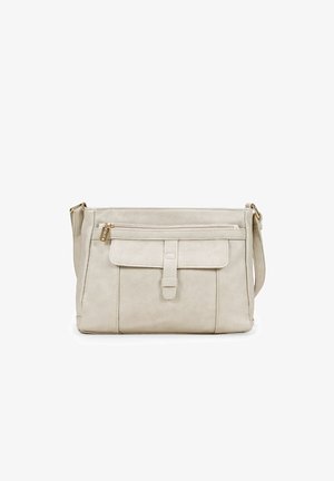 Bolso bandolera de imitación de cuero beige con un bolsillo frontal, cierre de cremallera y herrajes en tono dorado. Textura suave con un diseño minimalista.