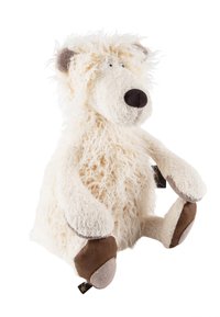 Stuffed bear toy with fluffy white fur, brown nose, and paw accents. Features a round face, curved arms, and seated position. Soft and textured.