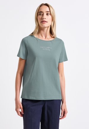 Teal cotton t-shirt with a rounded neckline and short sleeves; features white text reading "awesome" in a cursive font.