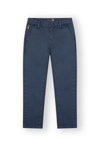 Chinos de mezcla de algodón azul marino con cierre de botón, cinco bolsillos y sutiles detalles de costura. Corte recto y textura suave.
