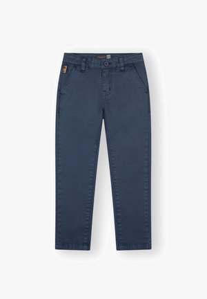 Chinos de mezcla de algodón azul marino con cierre de botón, cinco bolsillos y sutiles detalles de costura. Corte recto y textura suave.