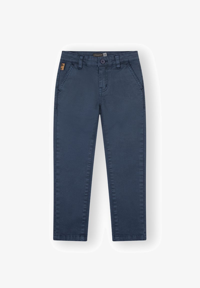 Chinos de mezcla de algodón azul marino con cierre de botón, cinco bolsillos y sutiles detalles de costura. Corte recto y textura suave.