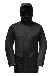 Zwarte waterdichte jas met capuchon, met een gladde textuur, twee voorzakken en logo-accenten op de borst en mouw.