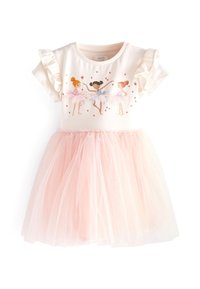 Weißes Kleid mit einem rosa Tüllrock, das ein figurnahes Oberteil mit Balletttänzern und Funken verziert hat. Rüschensleeves verleihen dem Kleid Detail.